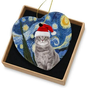 Beautiful Gray Tabby Cat  with Xmas Hat For Christmas Ornament For Home Decor